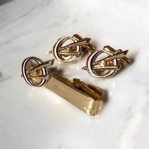 Vintage Boy Scouts of America Cufflinks and Tie Bar Gold Tone Red Blue Enamel